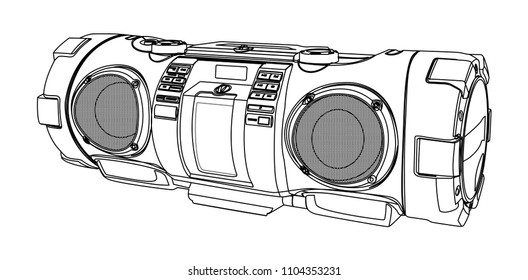 Hifi stereo boombox sketch. High quality vector illustration draft. Outline in black and white colours.