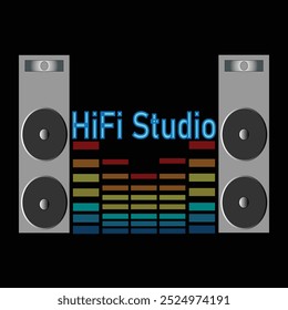 Hi-Fi Studio Logo Design mit Lautsprechern und Spektrumanalysator auf schwarzem Hintergrund.