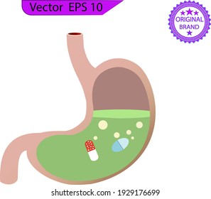 High acidity of the human stomach on transparent background. Stomach and pill. Taking medicine. Dissolving drug. Disease of human internal organ. Medical care. Pain in belly. Capsule and digestion. 