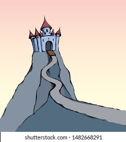 High aged royalty cute line turret scene on mount on white sky backdrop. Outline black ink hand drawn fantasy story tale prison road sign icon picture in art retro engrave doodle style on text space