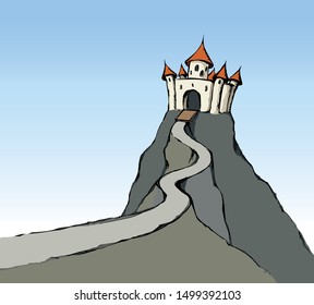 High aged royalty cute line turret scene on mount on white sky backdrop. Outline black ink hand drawn fantasy story tale prison road sign icon picture in art retro engrave doodle style on text space