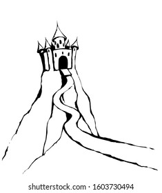 High aged royalty cute line turret scene on mount on white sky backdrop. Outline black ink hand drawn fantasy story tale prison road sign icon picture in art retro engrave doodle style on text space