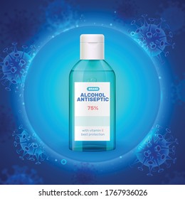High alcohol concentration antiseptic sanitizer realistic green transparent plastic bottle against luminous blue virus background vector illustration   