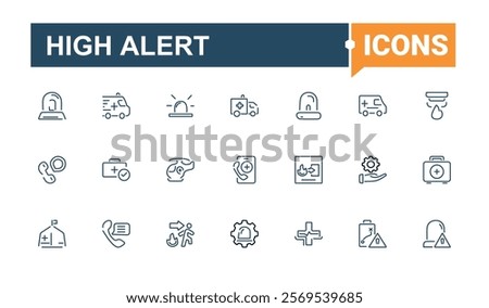 High Alert icon set. Featuring call, security, emergency, warning, assistance, medicine and more. Collection for mobile and web apps. Vector outline icons collection.