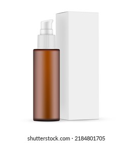 High Amber Cosmetic Pump Bottle Mockup For Oil Or Serum With Packaging Box Side View. Vector Illustration