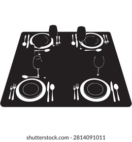 High angle illustration of dining table surface featuring complete place settings for four people including ceramic plates wine glasses metal silverware cutlery sets perfect for hospitality industry restaurant menu templates interior design concepts formal event invitations and catering service imagery.