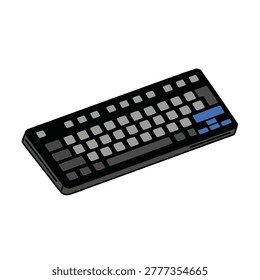 A high angle isometric illustration of a sleek black mechanical computer keyboard featuring a mix of light gray and blue keycaps on a plain white background.