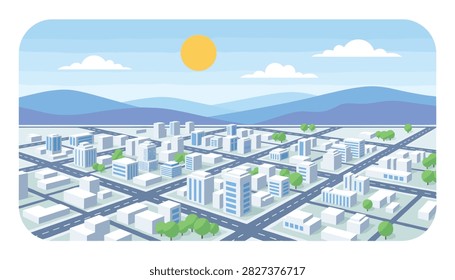 High angle isometric view of a modern city layout model with white buildings, trees, and roads under a golden sun.