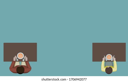high angle of people eating with keep social distance by arrange the canteen tables apart from each other illustration