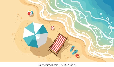 High angle top view of sunny summer beach with turquoise ocean waves and colorful vacation accessories like umbrella and lounge chairs.