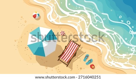 High angle top view of sunny summer beach with turquoise ocean waves and colorful vacation accessories like umbrella and lounge chairs.
