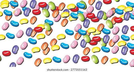 High Angle View of Colorful Jelly Beans Scattered on White Background