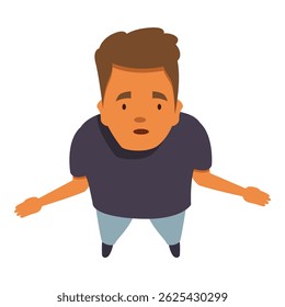 High angle view of a confused young man looking upwards with arms outstretched, conveying uncertainty or seeking assistance