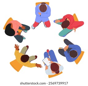 High angle view of diverse people cartoon characters having meeting, group psychology therapy or collective business consultation sitting on chair in circle vector illustration isolated on white