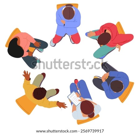 High angle view of diverse people cartoon characters having meeting, group psychology therapy or collective business consultation sitting on chair in circle vector illustration isolated on white