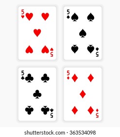 High Angle View of Four Playing Cards Spread Out on White Background Showing Fives from Each Suit - Hearts, Clubs, Spades and Diamonds