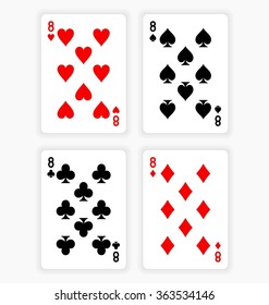 High Angle View of Four Playing Cards Spread Out on White Background Showing Eights from Each Suit - Hearts, Clubs, Spades and Diamonds