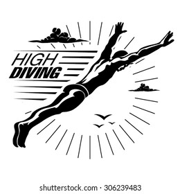 High angle view of a man diving in midair .Vector illustration in the engraving style.