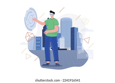 High angle view of a man walking on the digital bridge to a futuristic metaverse smart city