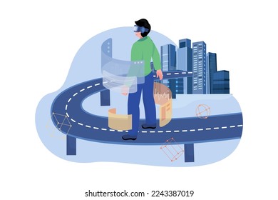 High angle view of a man walking on the digital bridge to a futuristic metaverse smart city