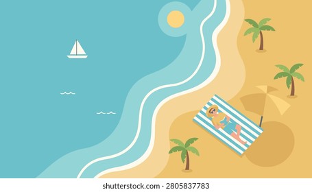 High angle view of a person relaxing and reading a book on a striped beach towel under a sunny tropical paradise coast.
