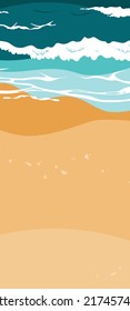 High angle view of summer beach landscape with sea waves and sand. Foamy waves runs over the sandy shore top view. Vertical background for flyers, cards, or banners. Vector illustration
