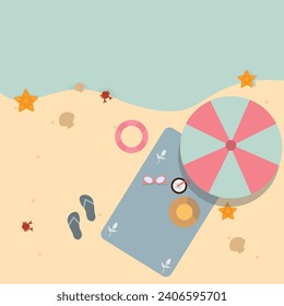 High angle view of summer beach, umbrella, Hat, star fish, Flip flops, sunglasses, coconut water, beach mat, vacation and travel concept banner poster.