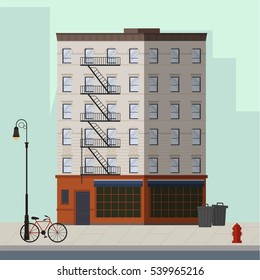 High apartment building with bar in the ground floor. Flat vector illustration.