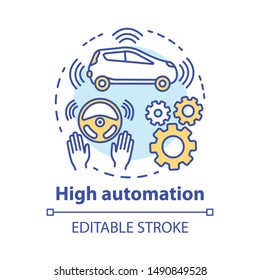 High automation concept icon. Car with autonomous features. Steering Assist. Autopilot system. Driverless vehicle idea thin line illustration. Vector isolated outline drawing. Editable stroke