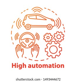 High automation concept icon. Car with autonomous features. Steering Assist. Autopilot system. Driverless vehicle idea thin line illustration. Vector isolated outline drawing. Editable stroke