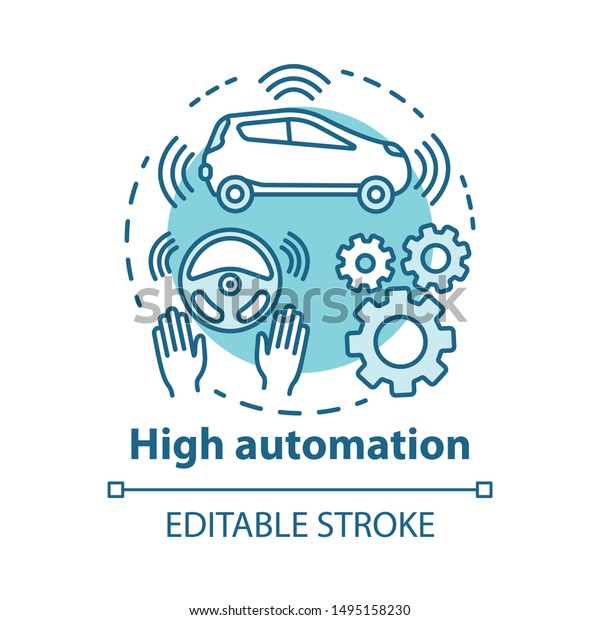 High automation concept icon. Car with autonomous\
features. Steering Assist. Autopilot system. Driverless vehicle\
idea thin line illustration. Vector isolated outline drawing.\
Editable stroke