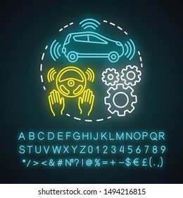 High automation neon light concept icon. Car autonomous features. Steering Assist, autopilot. Driverless vehicle idea. Glowing sign with alphabet, numbers and symbols. Vector isolated illustration