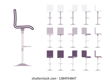 High barstool set. Adjustable dinning chair, stylish cafe and restaurant furniture, kitchen area element. Vector flat style cartoon illustration isolated on white background, different views, colors