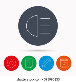High beams icon. Distant light car sign. Calendar, cogwheel, document file and pencil icons.