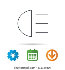 High beams icon. Distant light car sign. Calendar, cogwheel and download arrow signs. Colored flat web icons. Vector