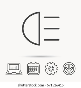High beams icon. Distant light car sign. Notebook, Calendar and Cogwheel signs. Download arrow web icon. Vector