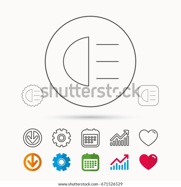 High beams icon. Distant light car sign. Calendar,\
Graph chart and Cogwheel signs. Download and Heart love linear web\
icons. Vector
