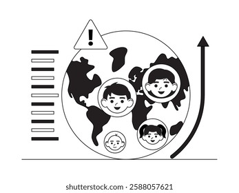 High birth rate causes uncontrolled population density, black and white outline style, social issues vector illustration.