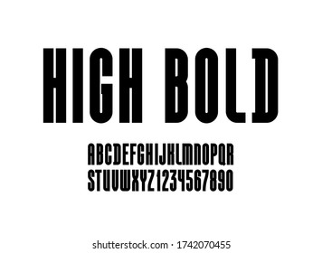 High black font, condensed tall ultra bold alphabet, trendy uppercase Latin letters from A to Z and Arab numbers from 0 to 9 for you designs, vector illustration 10EPS