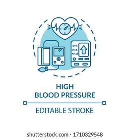 High Blood Pressure Concept Icon. Cardiovascular Disease, Hypertension Monitoring Idea Thin Line Illustration. Health Care Instruments. Vector Isolated Outline RGB Color Drawing. Editable Stroke