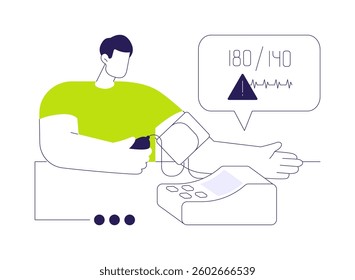 High blood pressure problem abstract concept vector illustration. Man measures blood pressure, hypertension diagnosis, medical examination, kidney care, tonometer usage abstract metaphor.