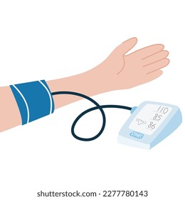 High blood pressure vector concept, blood pressure measurement. Tonometer on a hand of a person measuring blood pressure.Healty lifestyle