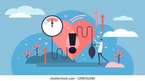 High blood pressure vector illustration. Flat tiny heart disease persons concept. Medical examination and cardiology doctor checkup. Patient health risk with hypertension pulse measurement diagnosis.