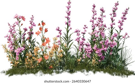 High blooming meadow vector, flower shapes, vibrant floral field, nature design, spring blossoms, lush greenery, summer flowers, meadow landscape, colorful flowers, beautiful plants