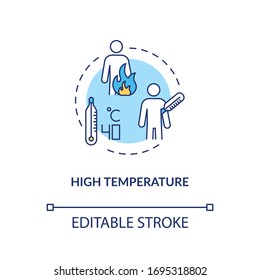Icono de concepto de alta temperatura corporal. Una persona enferma con fiebre. Signo de infección por gripe. Ilustración delgada de la idea de síntoma de rotavirus. Dibujo de color RGB con contorno aislado por vectores. Trazo editable