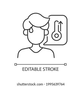 High body temperature linear icon. Sweating man during summer heat wave. Man with fever symptom. Thin line customizable illustration. Contour symbol. Vector isolated outline drawing. Editable stroke