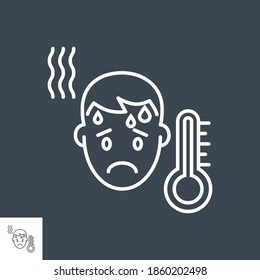 High body temperature related vector thin line icon. Mans head and high temperature thermometer. Isolated on black background. Editable stroke. Vector illustration.