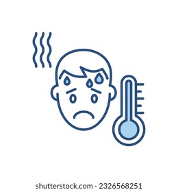 High body temperature related vector icon. Man head and high temperature thermometer. High temperature sign. Isolated on white background. Editable vector illustration