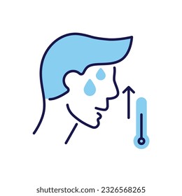 High body temperature related vector icon. Man head and high temperature thermometer. High temperature sign. Isolated on white background. Editable vector illustration