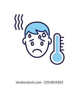 High body temperature related vector icon. Man head and high temperature thermometer. High temperature sign. Isolated on white background. Editable vector illustration